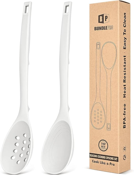 Pack of 2 Silicone Cooking Spoons, Non Stick Solid Kitchen Spoon with Measuring Marks & Back Hooks, Heat Resistant Silicone Slotted Spoon for Cooking, Mixing, Stirring,Serving (WHITE)