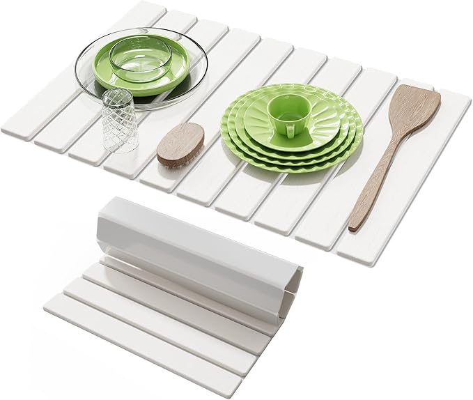 Large Stone Dish Drying Mat for Kitchen Counter,23.6''x15.3'' Foldable Quick Dry Stone Kitchen Mat,Eco-Friendly,Absorbent Diatomaceous Earth Mats for Dishes Bottles Cups Bathroom Any Countertop-White by AEFLMHealth%C2%B7Home