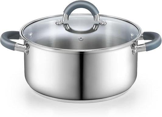 Cook N Home 5.5-Quart Sauce Pot Stainless Steel Stockpot with Glass Lid, Basics Saucier Casserole Stock Pot, Stay-Cool Silicone Handles by CookNHome