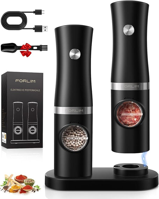 FORLIM Rechargeable Electric Salt and Pepper Grinder Set with Charging Base, Automatic Pepper Mill, Adjustable Coarseness, White LED Light, USB Type-C Cable, One Hand Operation, 2 Mills by FORLIM