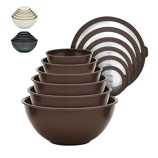 Bakken Master 12 Piece Plastic Nesting Bowls with Lids - Mixing Bowls Set includes 6 Prep Bowls and 6 Lids, BPA-Free, Reusable Meal Prep Containers, Microwave, Freezer & Dishwasher Safe, Brown by BAKK%C3%8BNMASTER