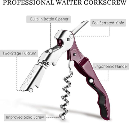 HYZ 2-Pack Wine Opener Waiter Corkscrew, Professional Wine Key for Servers, Bartender with Foil Cutter, Manual Wine Bottle Opener Double Hinged (Burgundy) - Image 2
