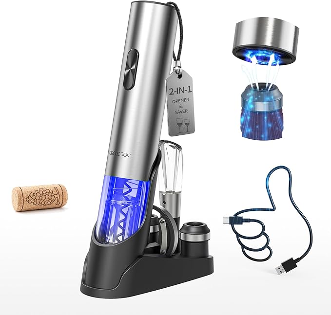 CIRCLE JOY Electric Wine Opener 7-in-1 Stainless Steel Rechargeable Electric Wine Bottle Opener Set with Automatic Vacuum Pump, Foil Cutter, Wine Pourer, 2 Vacuum Stoppers & Charging Station, Silver by CIRCLEJOY