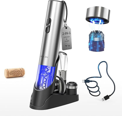 CIRCLE JOY Electric Wine Opener 7-in-1 Stainless Steel Rechargeable Electric Wine Bottle Opener Set with Automatic Vacuum Pump, Foil Cutter, Wine Pourer, 2 Vacuum Stoppers & Charging Station, Silver by CIRCLEJOY