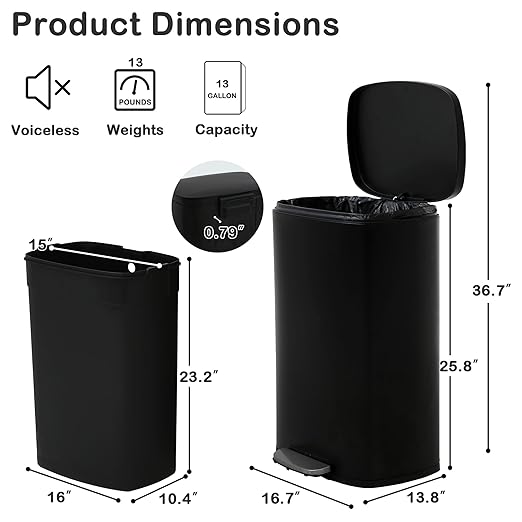 50 Liter / 13 Gallon Kitchen Trash Can with Lid, Stainless Steel Foot Pedal and Plastic Inner Bucket, Fingerprint-Resistant Soft Close Lid Garbage Can, Odor Proof Hygienic, Black, Gallom - Image 6