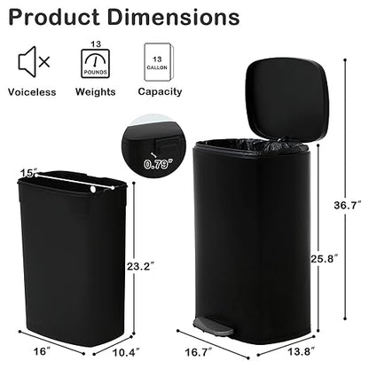 50 Liter / 13 Gallon Kitchen Trash Can with Lid, Stainless Steel Foot Pedal and Plastic Inner Bucket, Fingerprint-Resistant Soft Close Lid Garbage Can, Odor Proof Hygienic, Black, Gallom - Image 6