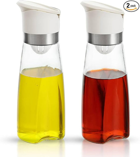 Premium Glass Olive Oil and Vinegar Dispenser Bottles Set, 2-Piece 11oz Kitchen Cooking Cruet with Auto-Open Lid, Non-Drip Pouring Spout, Oil Infuser Filter, Dishwasher Safe