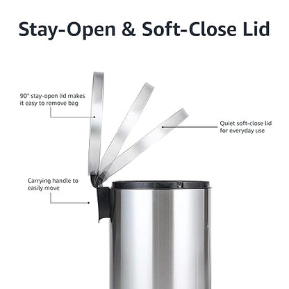 Amazon Basics Round Cylindrical Trash Can with Soft-Close Lid, Foot Pedal, Removable Inner Bucket, Smudge Resistant, 20 l/5.3 gallon, Brushed Stainless Steel