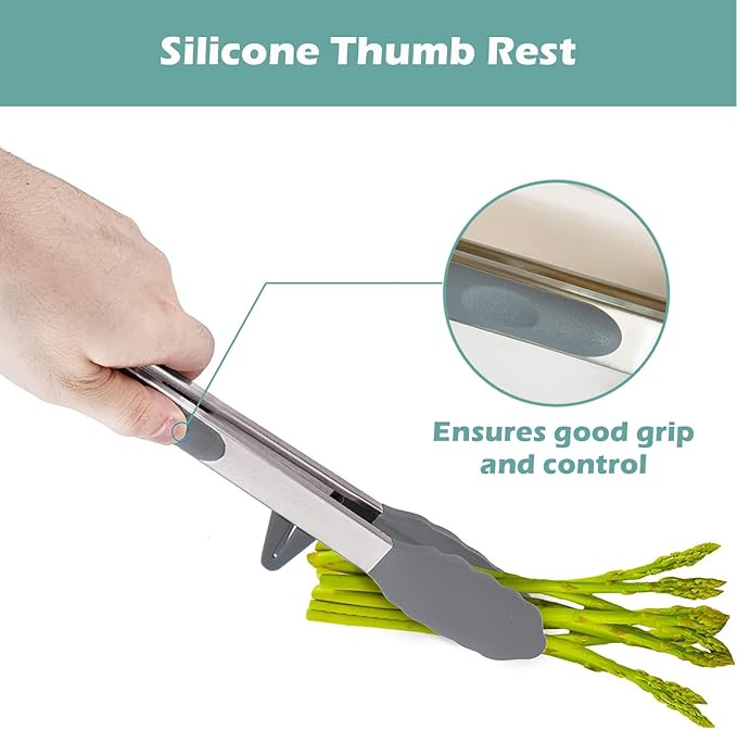 Tongs for Cooking, 12" Kitchen Tongs with Silicone Tips, Food Grade Serving Tongs Set of 3, Grey - Image 3