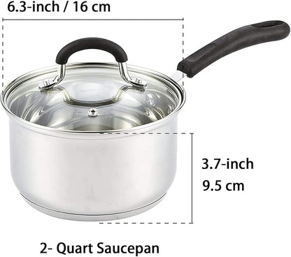 Cook N Home 2 Quart Stainless Steel Saucepan Set with Lid, Induction Compatible Milk Pots, Stay-Cool Silicone Handle, Mirror Polished 18/10 Cookware, Dishwasher & Oven Safe, Silver - Image 2