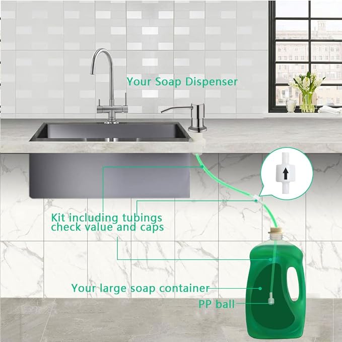 Soap Dispenser for Kitchen Sink, Built in Sink Soap Dispenser (Brushed Nickel), Countertop Soap Dispenser Pump with 47" Extension Tube kit, No Need to Fill Little Bottle Again (Longer Thread Shaft) - Image 3