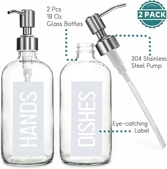 JASAI 2Pack 18OZ Glass Soap Dispenser with Rustproof 304 Stainless Steel Pump, Kitchen Soap Dispenser for Hands & Dishes (White) - Image 3