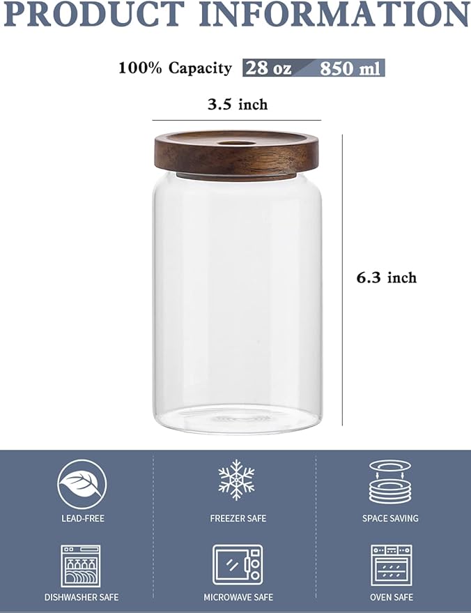 Kanwone Glass Storage Containers Set of 6, 28 Ounce Airtight Food Storage Containers with Bamboo lids, Clear Glass Jars for Pantry, kitchen, Flour, Sugar, Tea, Coffee, Snack, Cookies, Spice and Herbs - Image 2