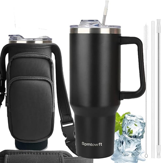 40oz Stainless Steel Double Vacuum Tumbler with Handle, Straw Lid, Carrier Bag, Purse Pouch Phone Pocket, Gym Water Bottle Travel Mug and Sleeve Holder for Men Women (Black)