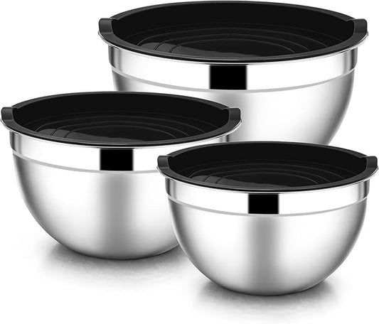 E-far Mixing Bowls with Lids, 6-Piece Stainless Steel Salad Bowls Metal Nesting Bowls for Baking Cooking and Prepping, Airtight Lids & Stackable Design, Size 4.5, 3, 1.5 QT (Black) by E-far