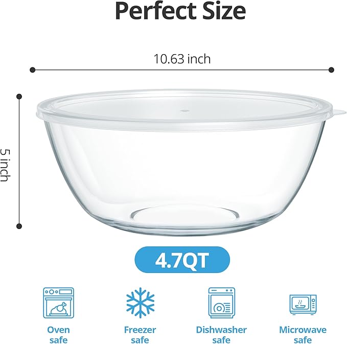 4.7 Qt Extra Large Glass Mixing Bowls Clear Glass Salad Cooking Bowls for Kitchen Salad Bread Storage - Image 2