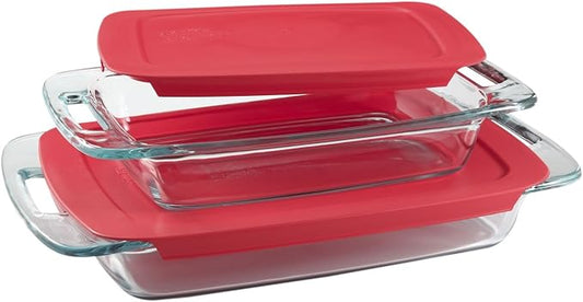 Pyrex Easy Grab 4-Piece Value Pack, includes 1-ea 3-qt Oblong, 2-qtOblong, Red Plastic Covers by Pyrex