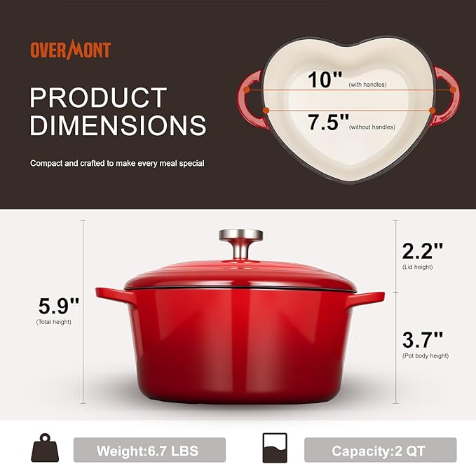 Overmont Enameled Cast Iron Dutch Oven - Heart-Shaped Pot with Lid Cookbook & Cotton Pot Holders - Mini Cookware Oven Safe to 500°F for Sourdough Baking Soups Stews - Great Gift for Wedding Birthday Housewarming 2QT Red