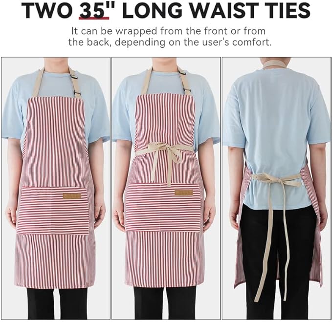 NLUS 2 Pack Kitchen Cooking Aprons, Adjustable Bib Soft Chef Apron with 2 Pockets for Men Women (Black Pinstripes/Pink Pinstripes) - Image 5
