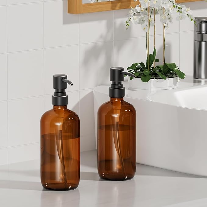 AmazerBath Amber Glass Soap Dispensers, 2 Glass Amber Pump Bottles, 17 Oz Dish Soap Dispenser, Kitchen Bathroom Hand Soap Dispensers for Hand Sanitiser, Shampoo, Lotion, Shower Gel Conditioner - Image 6