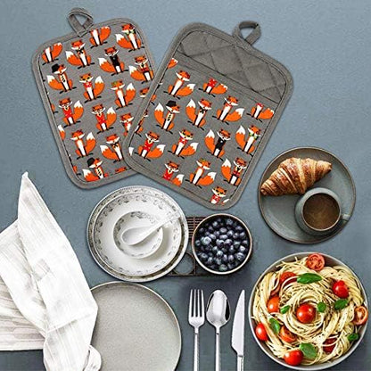 Pot Holders Set of 2 Heat Resistant 480 ℉ Non Slip Clear Silicone Printed Comfortable Cotton Lining Kitchen Women Men Cooking Baking Microwave Machine Washable (Fox, Gray Potholders)