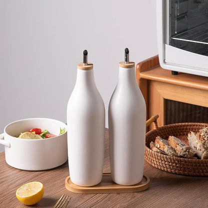 Sweejar Matte Ceramic Olive Oil Dispenser Bottles with Bamboo Tray, 17 Oz Oil Dispenser Set for Kitchen Counter, Opaque Oil Cruet for Cooking, EVOO, Vinegar, Avocado Oil, Pack of 2 (White & Tray) - Image 2