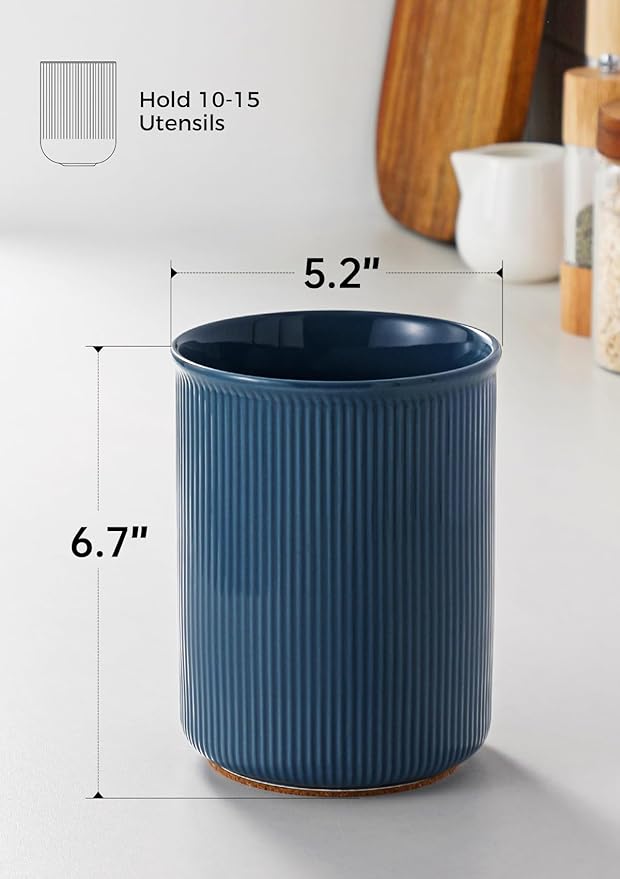 LoeJan Utensil Holder, Extra Large Utensil Crock, Stable Ceramic Utensil Organizer, Cooking Tool Organizer Set for Kitchen Counter Farmhouse Décor, Blue - Image 2