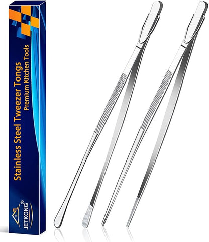 JETKONG 2 Pcs 12-Inch Kitchen Tweezers Fine Tweezer Tongs, Extra-Long Stainless Steel Cooking Tweezers (Silver) by JETKONG