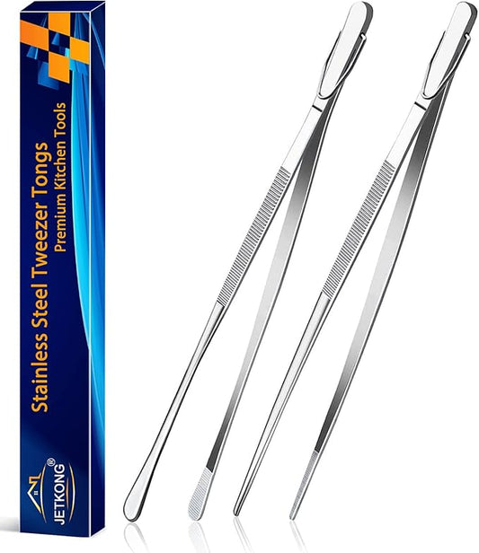 JETKONG 2 Pcs 12-Inch Kitchen Tweezers Fine Tweezer Tongs, Extra-Long Stainless Steel Cooking Tweezers (Silver) by JETKONG