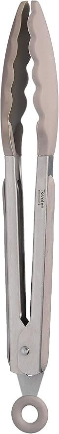 Tovolo Kitchen Tongs with Silicone Tips 9 Inch for Cooking Mixing and Serving, Easy Clean Dishwasher Safe Silicone Tipped Tongs with Locking Stainless Steel Heat Resistant, Warm Gray