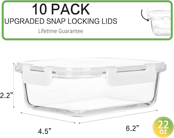 M MCIRCO 10-Pack 22 Oz Glass Meal Prep Containers with Lids - Microwave, Oven, Freezer & Dishwasher Safe - White - Image 2