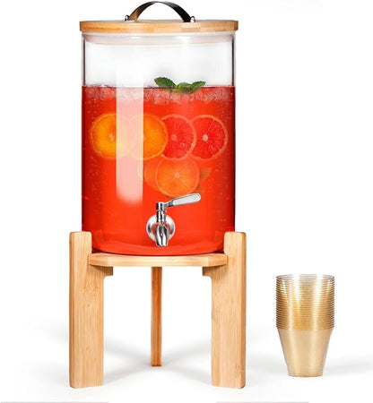 Glass Beverage Dispenser with Bamboo Stand and Lid, Iced 2.1 Gallon Drink Server with Spigot, Large Thick Glass Drink Dispenser for Parties, Hotels, Restaurants, with 9 oz 100 clear Gold Plastic Cups