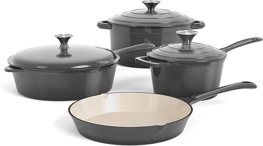 DishDelight Enameled Cast Iron Pots and Pans Set, 7 Piece Dutch Oven Set with Lids, Enamel Coated Non Toxic Cookware, PFOA&PFAS Free, Gray