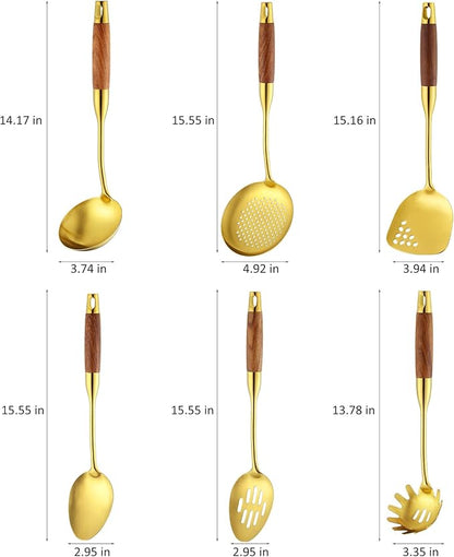 Izurok 18/10 Stainless Steel Kitchen Utensils Set,6 Piece Cooking Utensils With Wood Handle,Heat Resistant Kitchen Tool Set With Spatula, Spoon, Ladle, Skimmer, Slotted Spoon, Pasta - Image 2