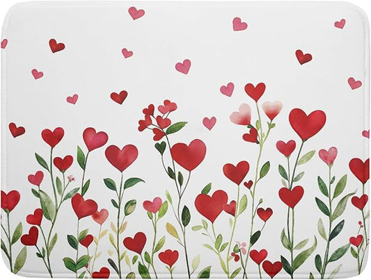 Valentines Day Dish Drying Mat for Kitchen Counter 24x18 Inch Green Red Heart Drying Mat with Absorbent Reversible Microfiber Holiday Love Dish Drainer Mats Rack Pad for Coffee Countertop Protector