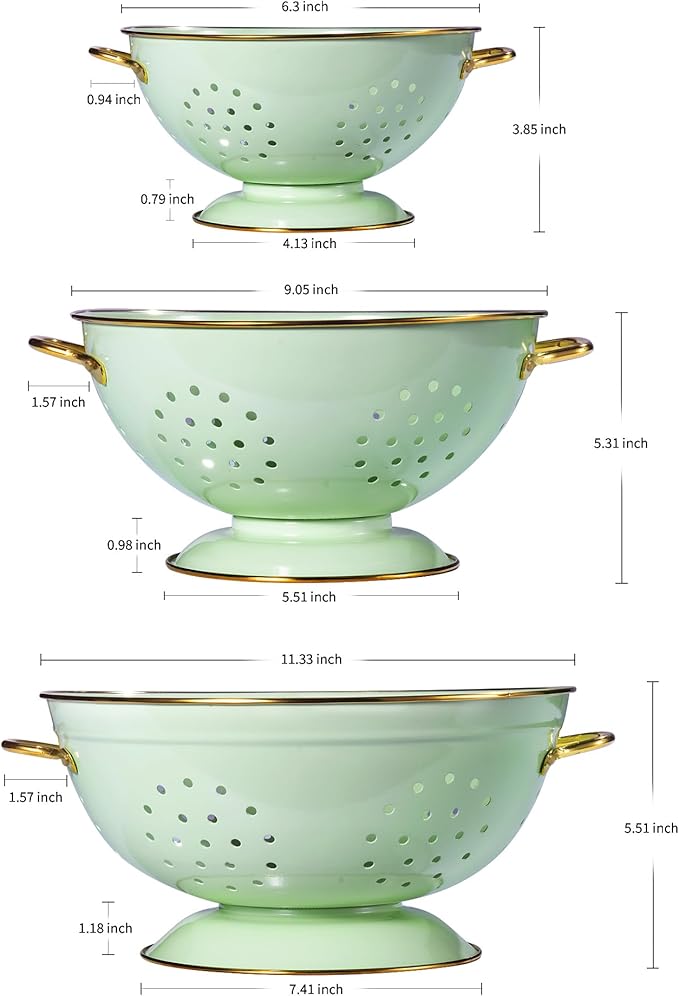 Metal Colander Set of 3, Strainer Basket with Handles perfect for Spaghetti, Pasta, Berry, Vegetable, Fruit, Solid Base Powder Coated Kitchen Essential Strainer Set, 1 & 3.5 & 5 Qt (Green) - Image 2