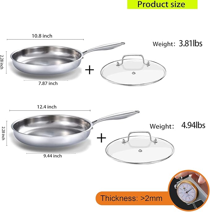 DELARLO Tri-Ply Stainless Steel Pan, 18/10 Frying Pan, Oven Safe Up to 600°F, Nontoxic Cookware, Compatible with All Cooktops Skillet, Durable, Fast Even Heat Fry Pan,Steel 10" and 12" with Lid - Image 4