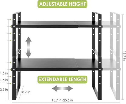 Across-Star Expandable Cabinet Shelf Organizer Rack, Stackable Kitchen Countertop Organizer Storage Shelves, Adjustable Height Pantry Counter Shelf Riser Spice Rack (Black, 2 Pack) - Image 5
