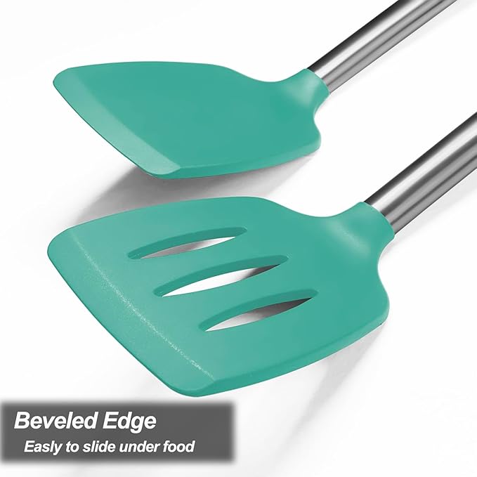 2 Pack Spatulas, Solid & Slotted Silicone Spatula Set, Stainless Steel Handle Coated with Silicone, Non Stick Turners, Heat Resistant Rubber Spatulas for Fish, Eggs, Pancakes, WOK, Teal - Image 5