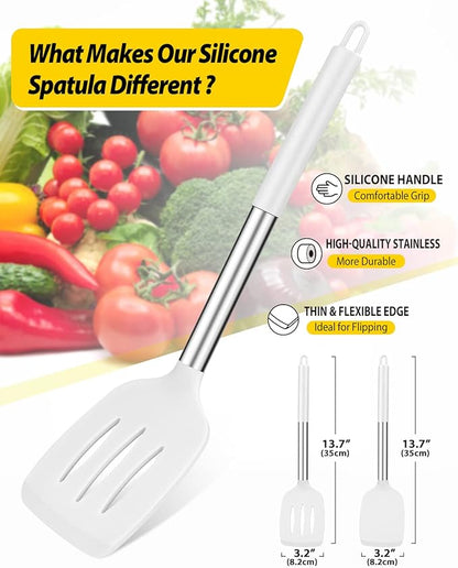 Pack of 2 Silicone Solid Turner, Non Stick Slotted Kitchen Spatulas, High Heat Resistant BPA Free Cooking Utensils, Ideal Cookware for Fish, Eggs, Pancakes(White) - Image 2