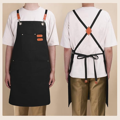 Chef Aprons for Men Women with Large Pockets, Cotton Canvas Water Repellent Kitchen Apron for Cooking