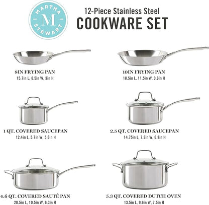 Martha Stewart Castelle 10 Piece 18/8 Durable Stainless Steel Induction Safe Non-Toxic Triply Bottom Kitchen Pots and Pans Cookware Set - Dishwasher Safe - Image 2