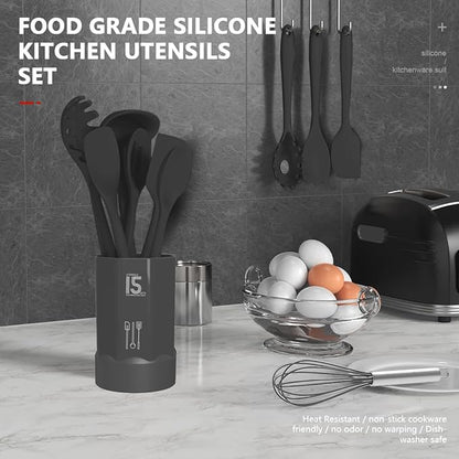 AOTHOD Silicone Cooking Utensils Set - 446°F Heat Resistant Kitchen Utensils,Spatula Sets,Turner Tongs,Spoon,Kitchen Utensil Gadgets Tools Set for Nonstick Cookware,Dishwasher Safe BPA Free (Gray) - Image 2