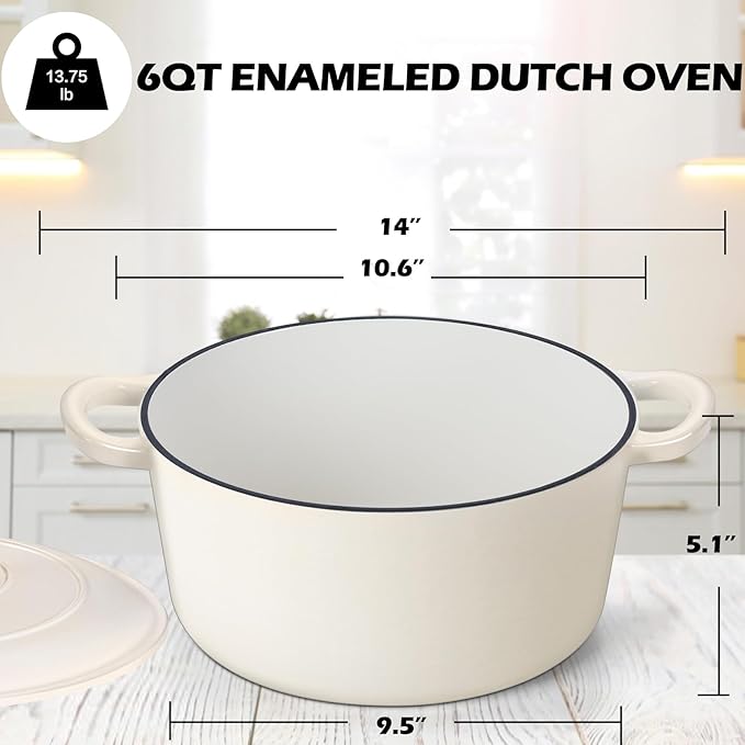 TeamFar 6Qt Dutch Oven, Enameled Cast Iron Dutch Oven Pot with Lid & Dual Handles for Bread Baking, Cooking, Simmer, Non Toxic & Heavy Duty, Oven Safe & Various Stovetops Suitable - Cream White - Image 2