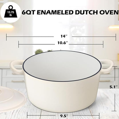 TeamFar 6Qt Dutch Oven, Enameled Cast Iron Dutch Oven Pot with Lid & Dual Handles for Bread Baking, Cooking, Simmer, Non Toxic & Heavy Duty, Oven Safe & Various Stovetops Suitable - Cream White - Image 2
