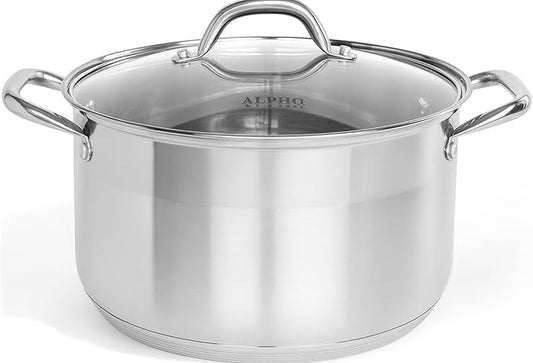Alpha Living SP-08G Stainless Steel Pot with Capsule Bottom – Induction Compatible 8Qt Pot with Lid – Tri-Ply Ultra-Thick Bottom – Ideal for Spaghetti, Cooking, Canning, Boiling by AlphaLiving
