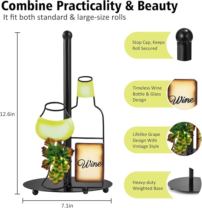 Wine Lovers Gifts - Metal Wine Paper Towel Holder Countertop with Solid Weighted Base, Farmhouse Kitchen Decor, Rustic Country Vintage Decoration Organization - Image 2