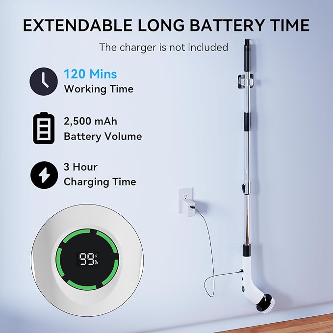 Electric Bathroom Cleaning Brush, Cordless Spin Scrubber Full Body Waterproof IPX7 with Adjustable Handle, 8 Replaceable Brush Heads for Bathtub/Kitchen/Window/Home -SD-CTB01 - Image 6