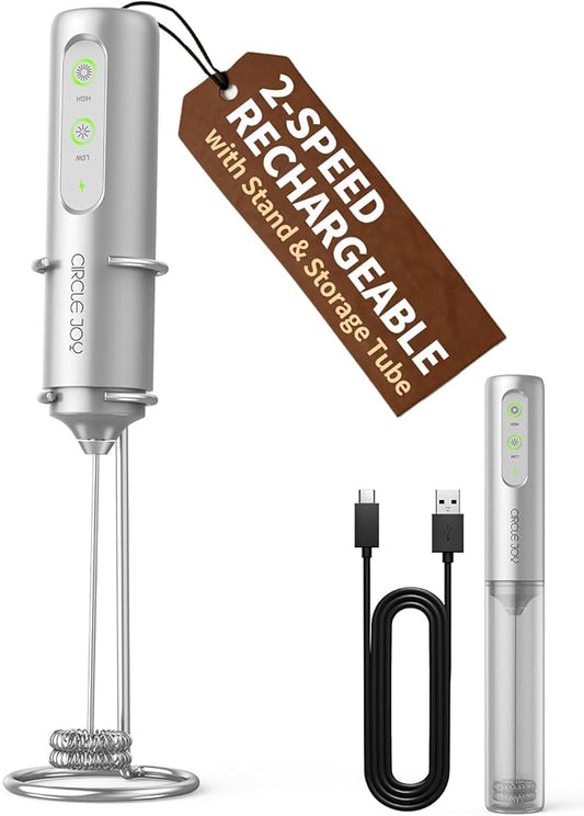 CIRCLE JOY Rechargeable 2-Speed Handheld Milk Frother with Stand, Dual Spring Whisk Electric Foamer, Portable & Detachable Coffee Frother Wand, Drink Mixer for Lattes, Macchiato, Hot Chocolate, Silver
