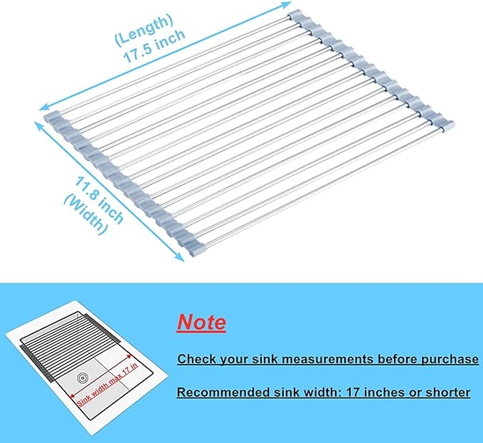 Seropy Roll Up Dish Drying Rack, Over The Sink Dish Drying Rack Kitchen Rolling Dish Drainer, Foldable Sink Rack Mat Stainless Steel Wire Dish Drying Rack for Kitchen Sink Counter Storage 17.5x11.8 - Image 4